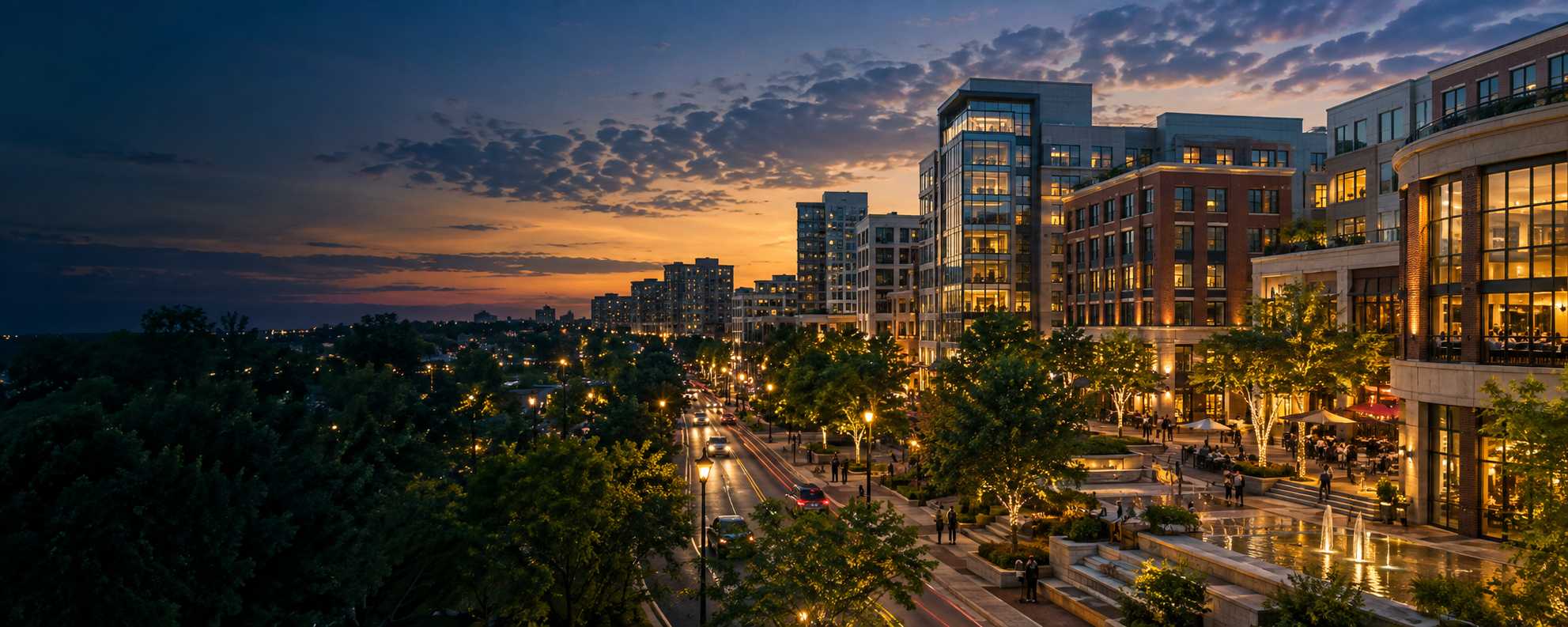 Editorial concept of a lively mixed-use urban district at blue hour